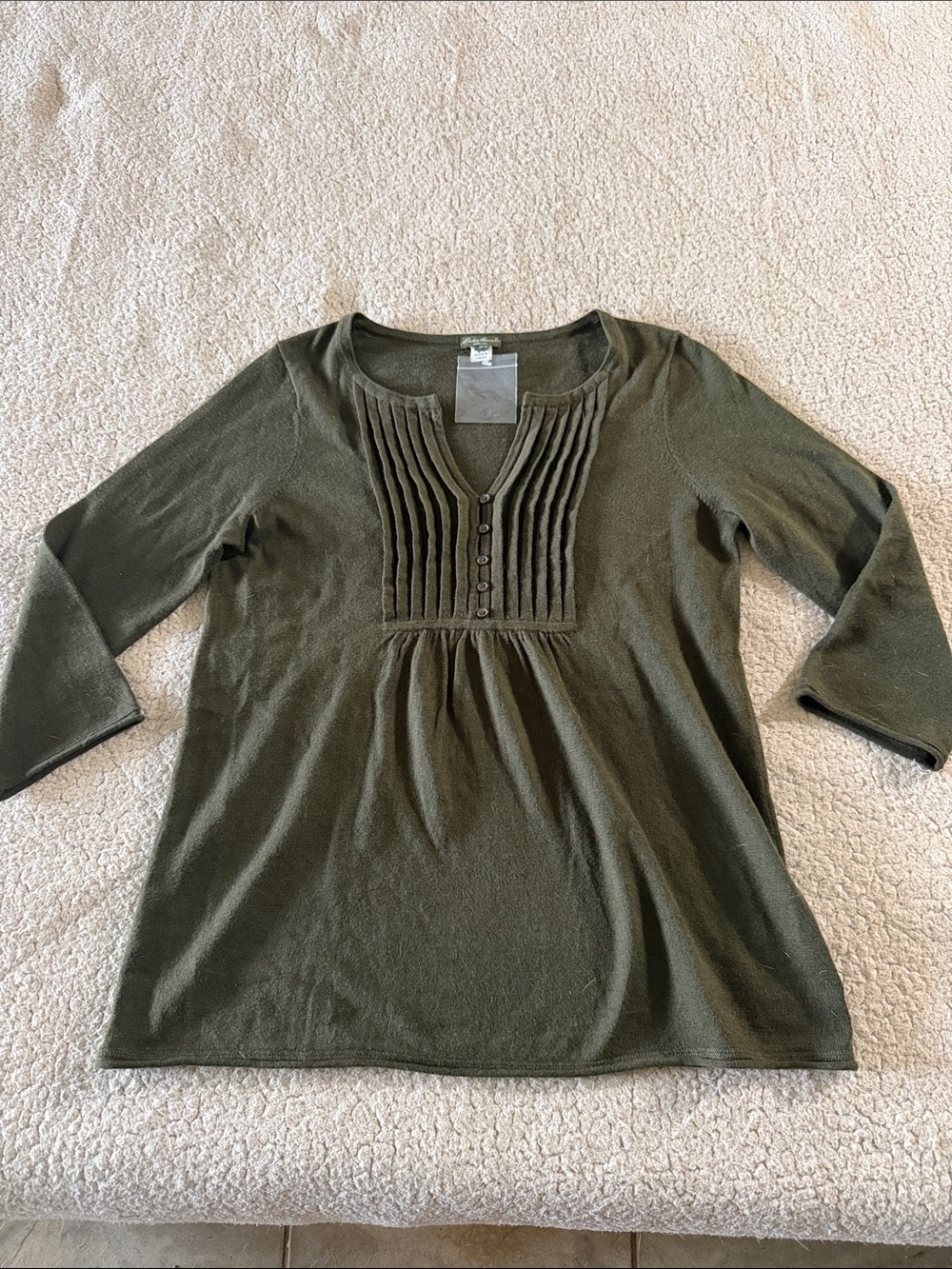Eddie Bauer Olive Green Pleated Yoke Tunic Cotton/Cashmere Blend SP